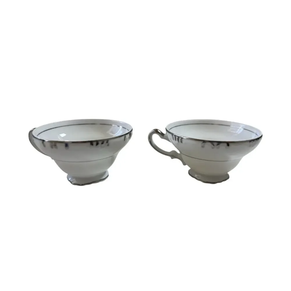 Barony collection by Fine China of Japan Tea Cups White Silver Rim Gray 3.5